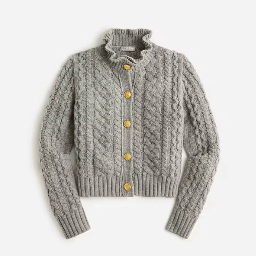 J Crew Gray Cable Knit Ruffle Neck Cardigan Sweater Sz M Preppy Old Money Wool